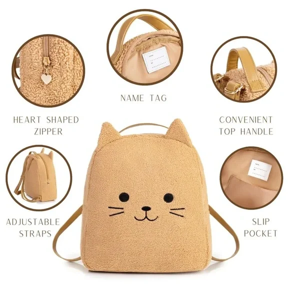 Adorable Tan Cat Backpack with Pink Heart Charm - Picture 3 of 11